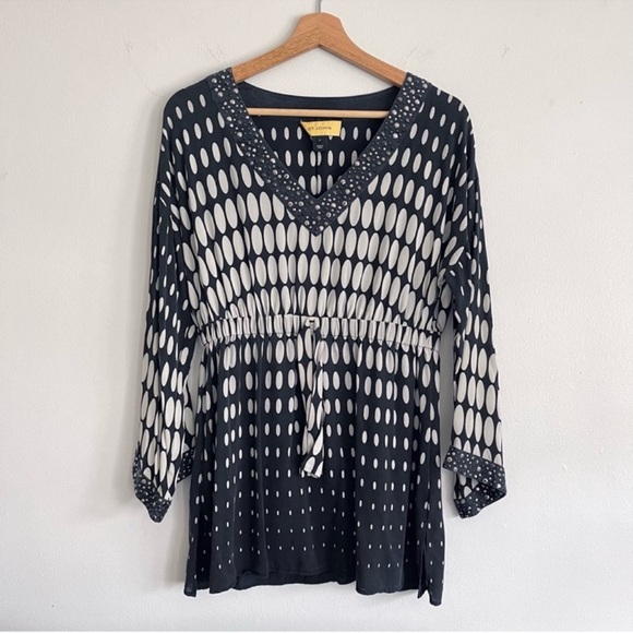 St. John Long Sleeve Silk Mini Dress Black White Dot Print Studded V Neck Size P - Picture 2 of 15
